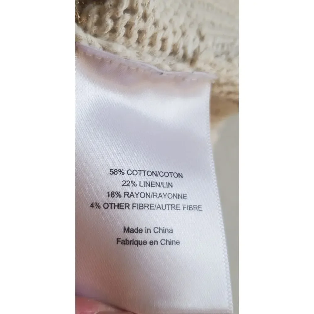 Tory Burch Womens Cream Striped Heart Linen Blend Sweater Size Medium Boho